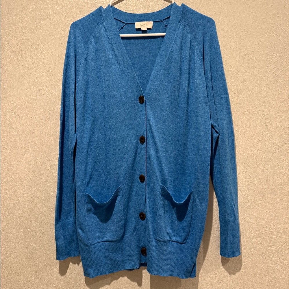 LOFT Blue Button-Up Cardigan. PTP 18”. Length 27”